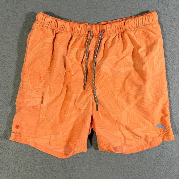Tommy Bahama Swim Trunks Relax Medium Orange Leaf Print Drawstring Cargo Shorts - Picture 1 of 8